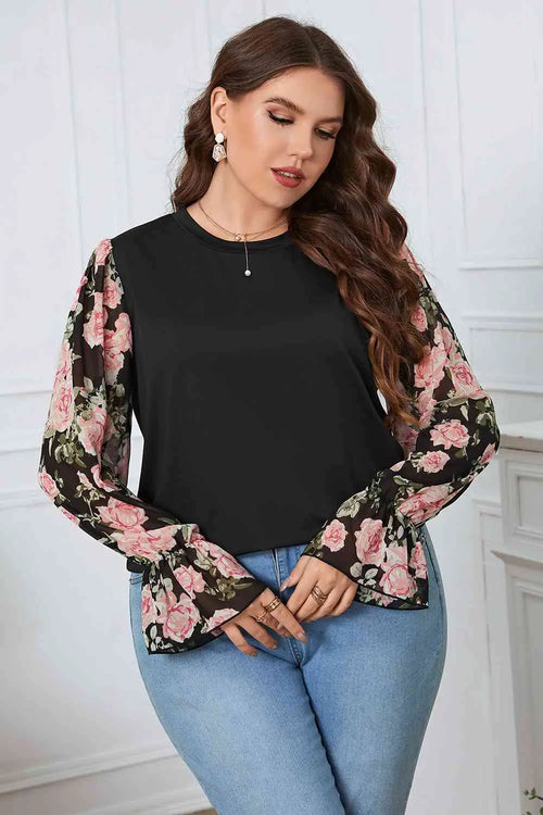 Blusa com Manga Flounce e Estampa Floral Plus Size