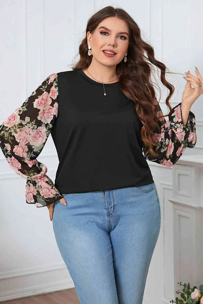 Blusa com Manga Flounce e Estampa Floral Plus Size